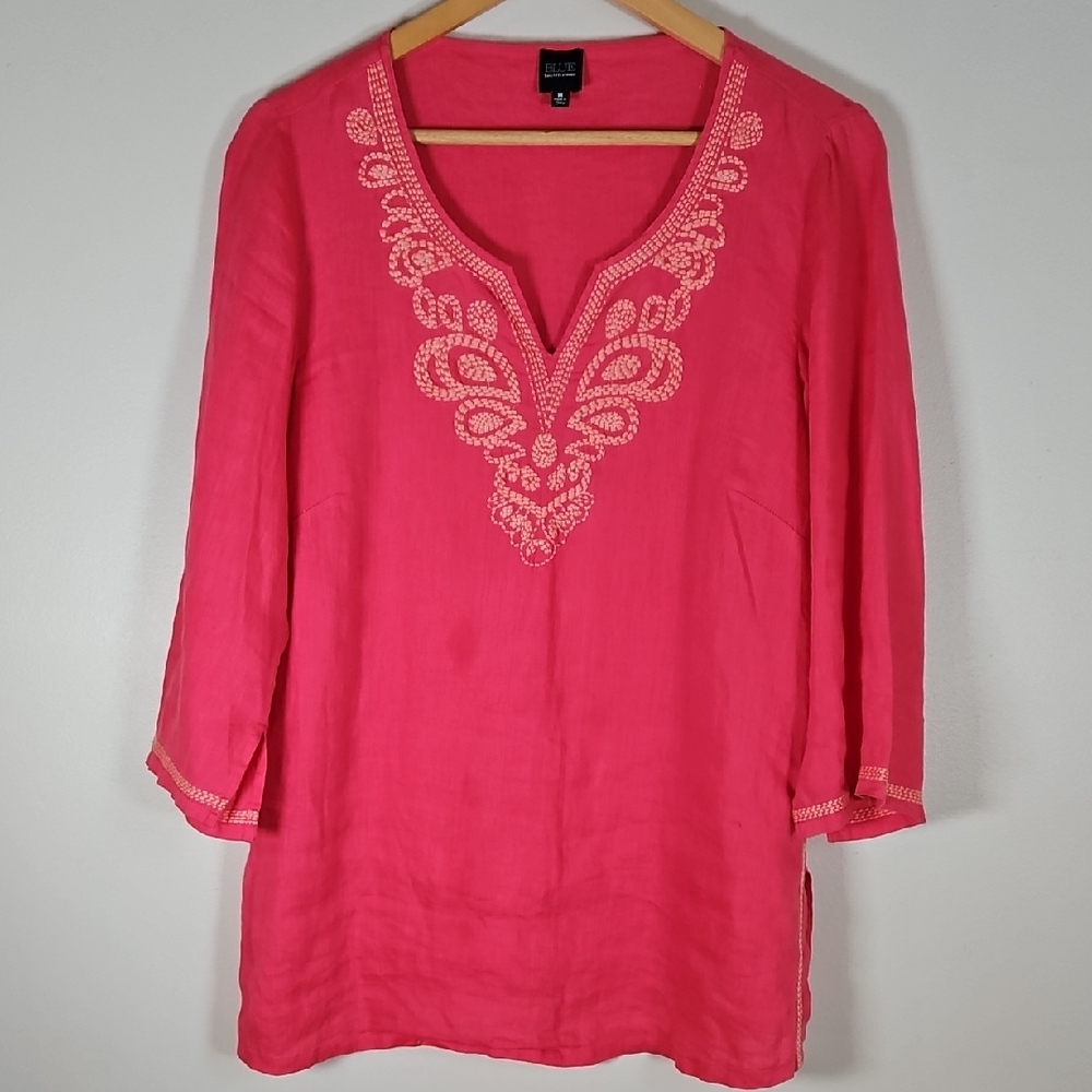 100% Linen Embroidered Tunic Top Blue Saks Fifth Ave Boho Coastal Pink Medium